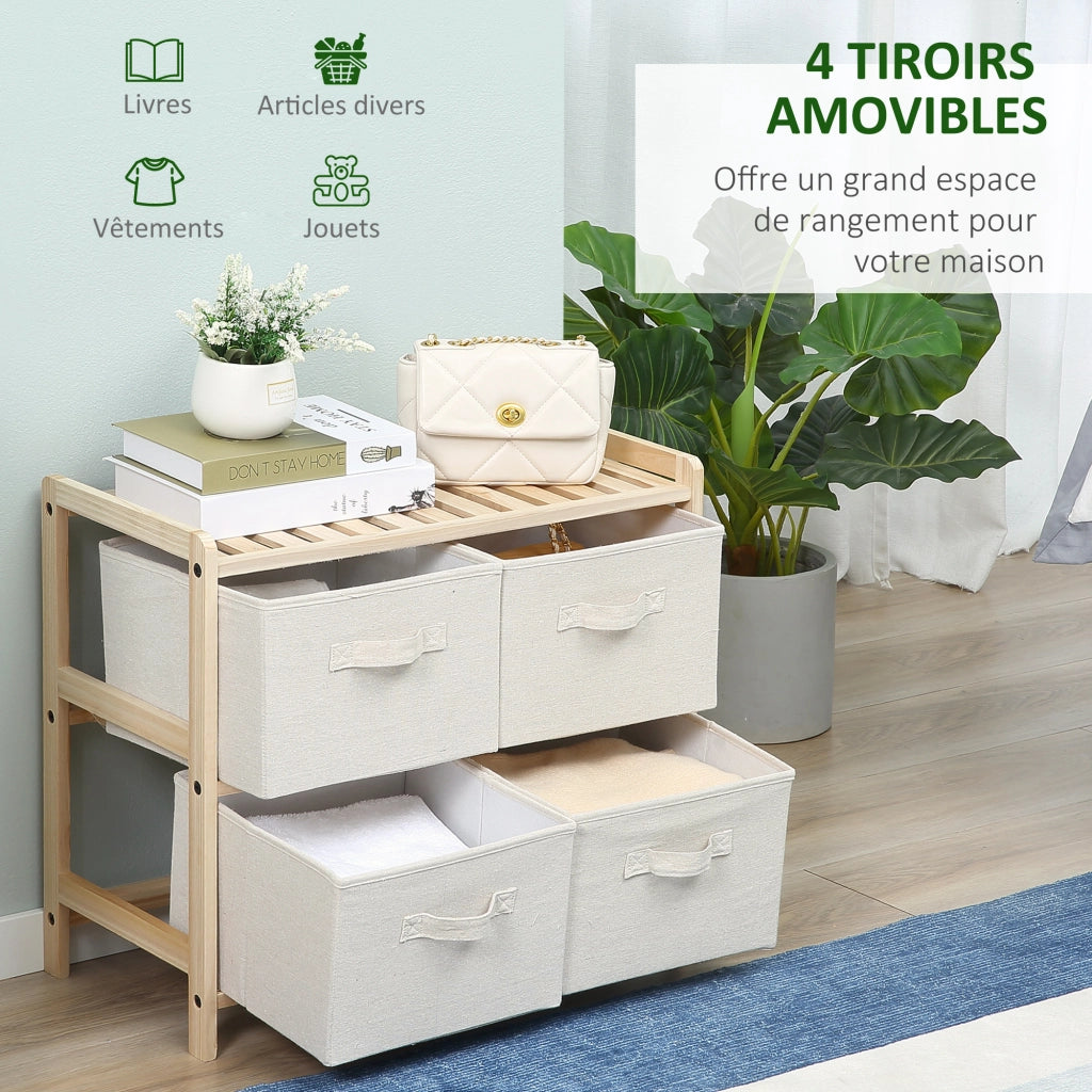 Cassettiera con 4 cassetti in tessuto lino ¨C zephmum ¨C 59x28x50 cm legno naturale beige