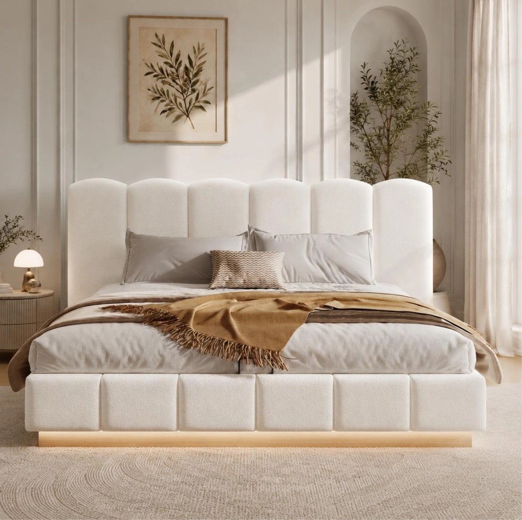 Letto imbottito 180x200 cm con contenitore idraulico e LED in bouclé bianco
