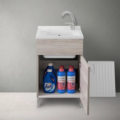 Mobile lavatoio 50x50 cm 1 anta rovere grigio con vasca in resina