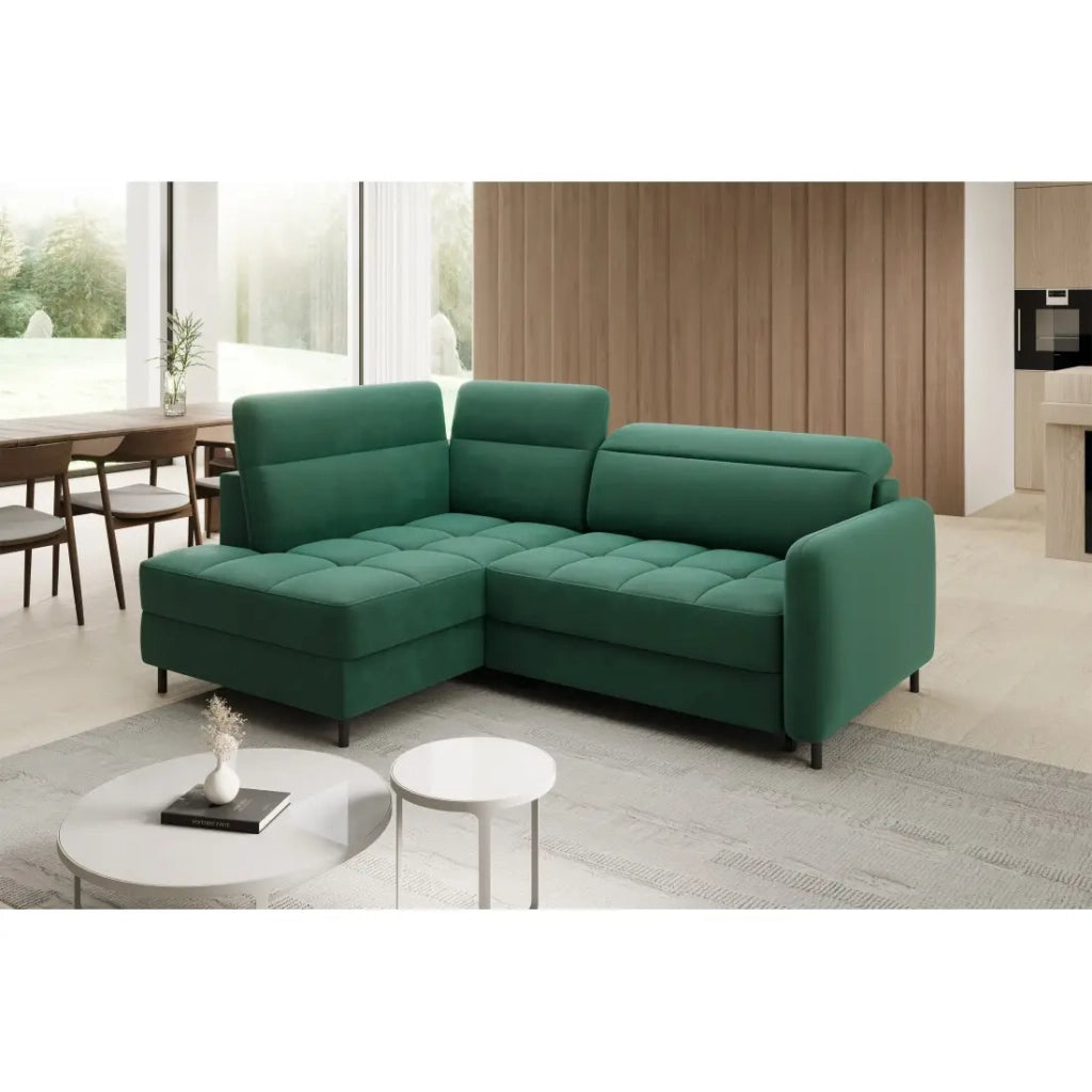 Divano angolare sinistro convertibile BARNEA 208 cm verde scuro con contenitore