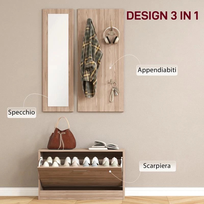 SET MOBILI DA INGRESSO CON PANCA SCARPIERA, APPENDIABITI A MURO E SPECCHIO, 80X27X46.5 CM, MARRONE SCURO