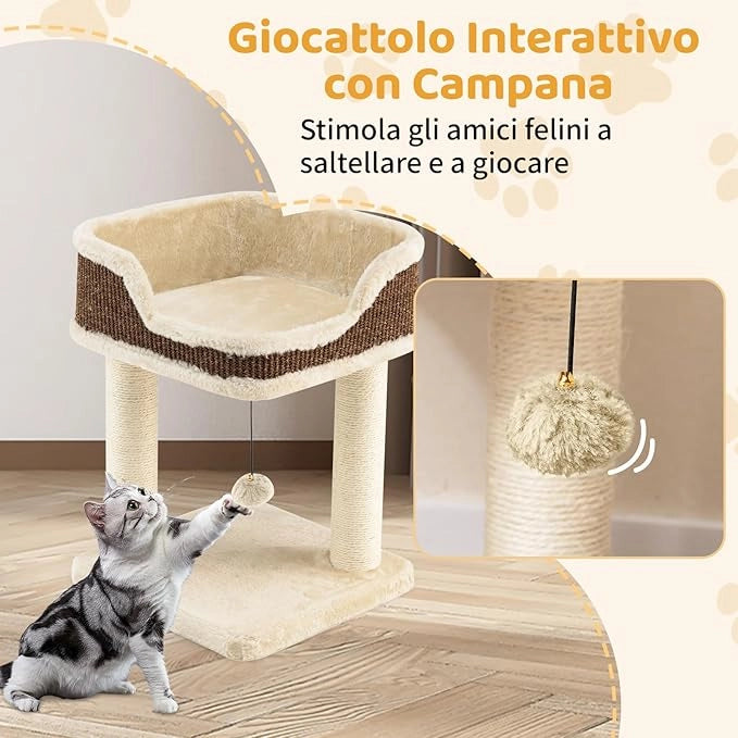 Albero per Gatti 38 x 38,5 x 51 cm, Torre per Gatti con Posatoio in Peluche, Pali Graffianti in Sisal e Palla Pendente, Centro Attività Moderno per Animali Domestici (Beige)