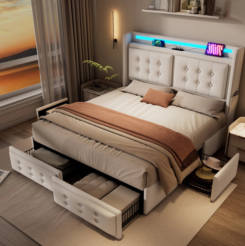 Letto imbottito 140x200 cm con LED, USB-C e 4 cassetti beige