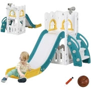 Scivolo per Bambini 4 in 1 con Cerchio da Basket Telescopio Arrampicata e Cestino Inferiore per Interno Giallo e Verde