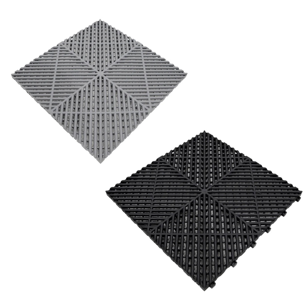 Piastrelle ventilate nere e grigie 6m x 6m per garage doppio e officine, antiscivolo.