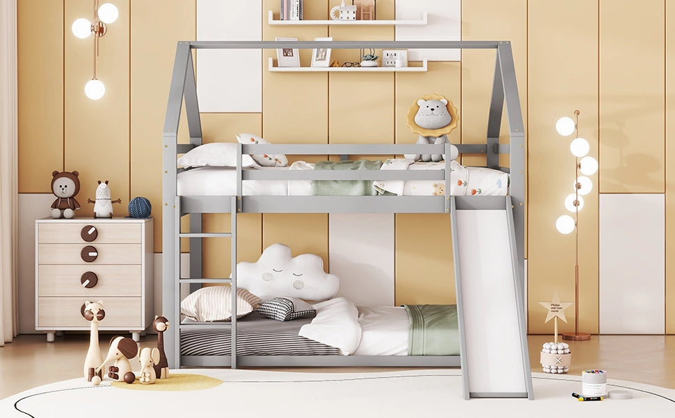 DESMIU Letto a castello per bambini 140 × 200 cm con scivolo e scala, senza materasso, in legno, grigio
