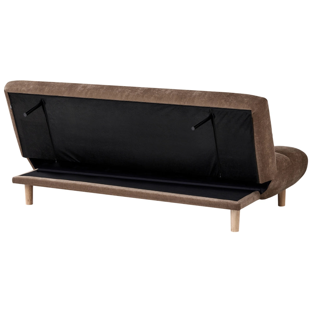 Divano letto marrone rivestito in tessuto con gambe in legno 2 posti schienale trapuntato seduta imbottita design moderno senza braccioli