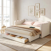Divano letto con letto estraibile e cassetti, 90x200 cm, bouclé beige