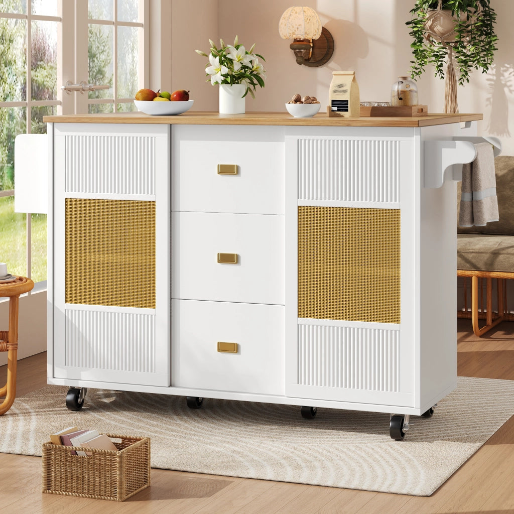Isola da cucina mobile con piano ribaltabile, 146,85x70x90 cm, bianca, MDF e metallo