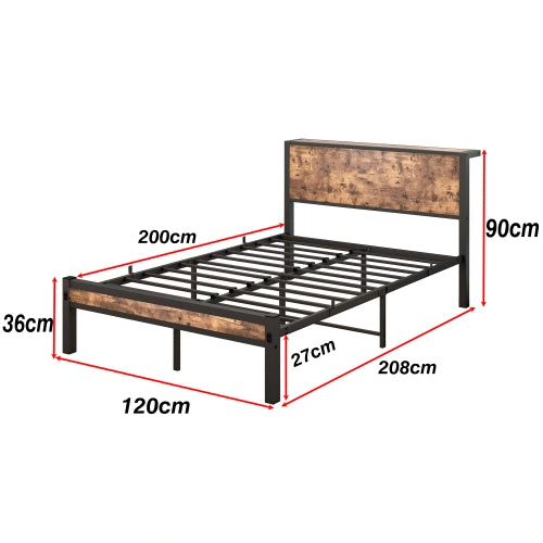 Letto singolo in metallo 120x200 con testiera contenitore; marrone vintage; senza boxspring