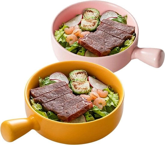 Semi Ciotole in Ceramica con Maniglie per Minestre con Manico - Piatto per Minestra con Maniglia - Magnetron e Forno Sicuri - Per Zuppe di Lenticchie e Zuppe di Grano - Set per Zuppe - Giallo Rosa