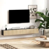Mobile TV sospeso, per TV da 72", con 2 ante ribaltabili, 140 cm, Legno naturale e nero