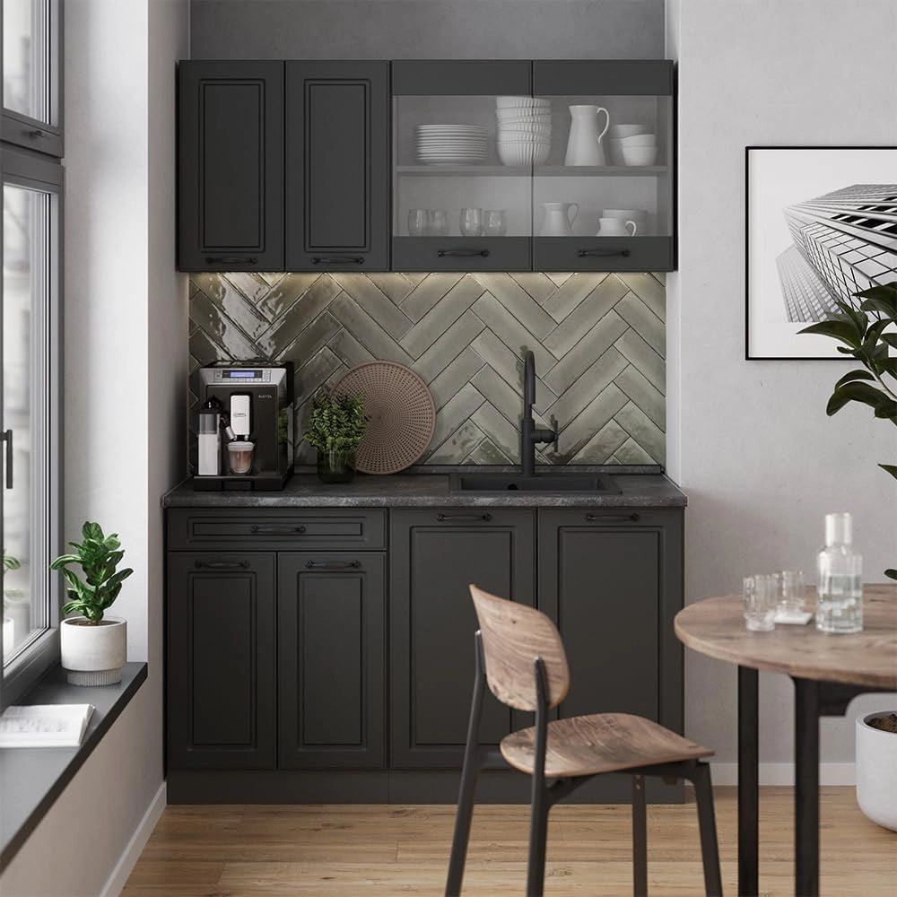 Cucina completa R-Line, Casa di campagna antracite/antracite, 140 cm senza piano di lavoro