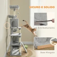 Albero Tiragraffi per Gatti con 2 Casette, 2 Lettini, Trespolo e 2 Palline, 48x40x177 cm, Grigio Chiaro e Beige