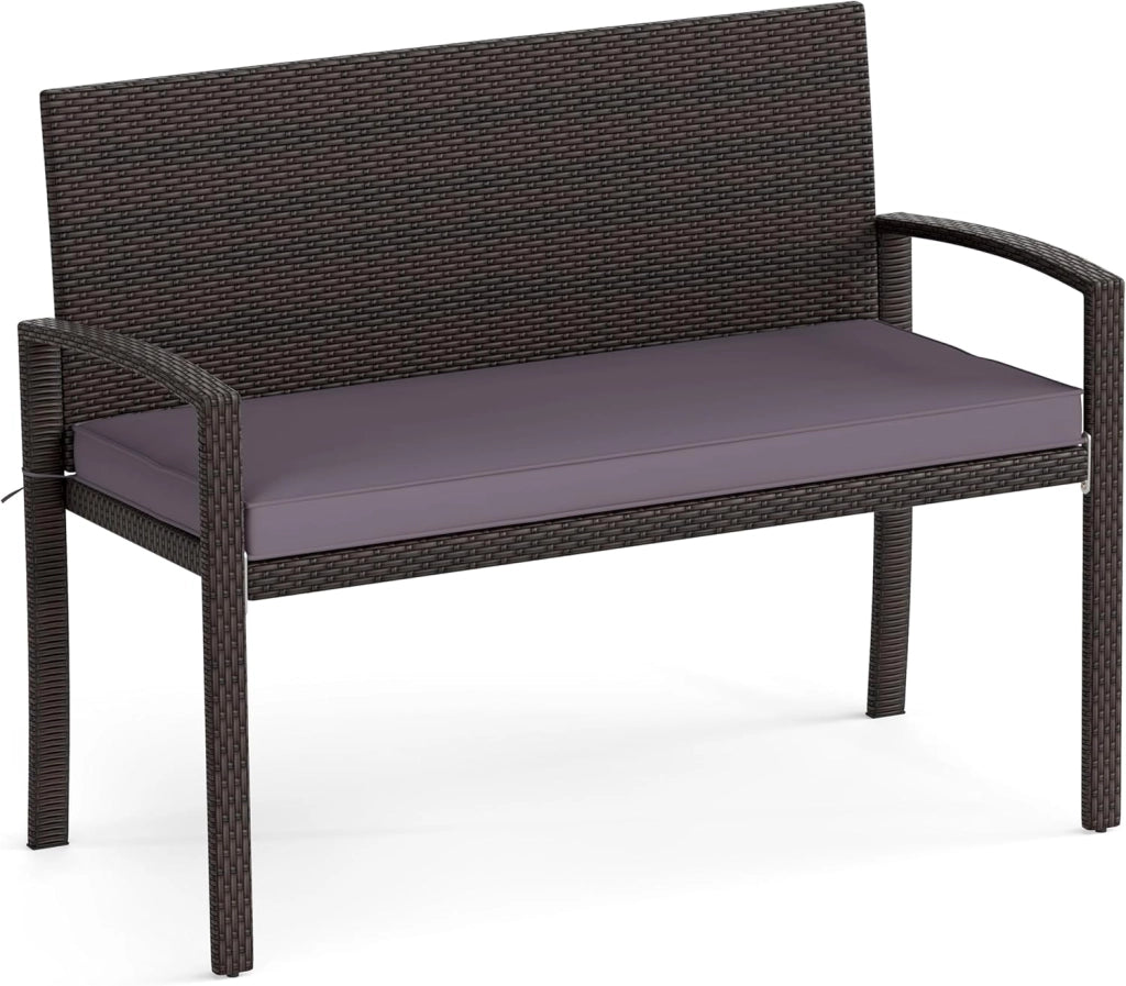 Panca da Giardino 2 Persone in Rattan, Panca da Esterno con Cuscino di Seduta Rimovibile, Struttura in Metallo, Carico 360 kg, Schienale e Braccioli, per Veranda, Giardino, Balcone, Terrazza