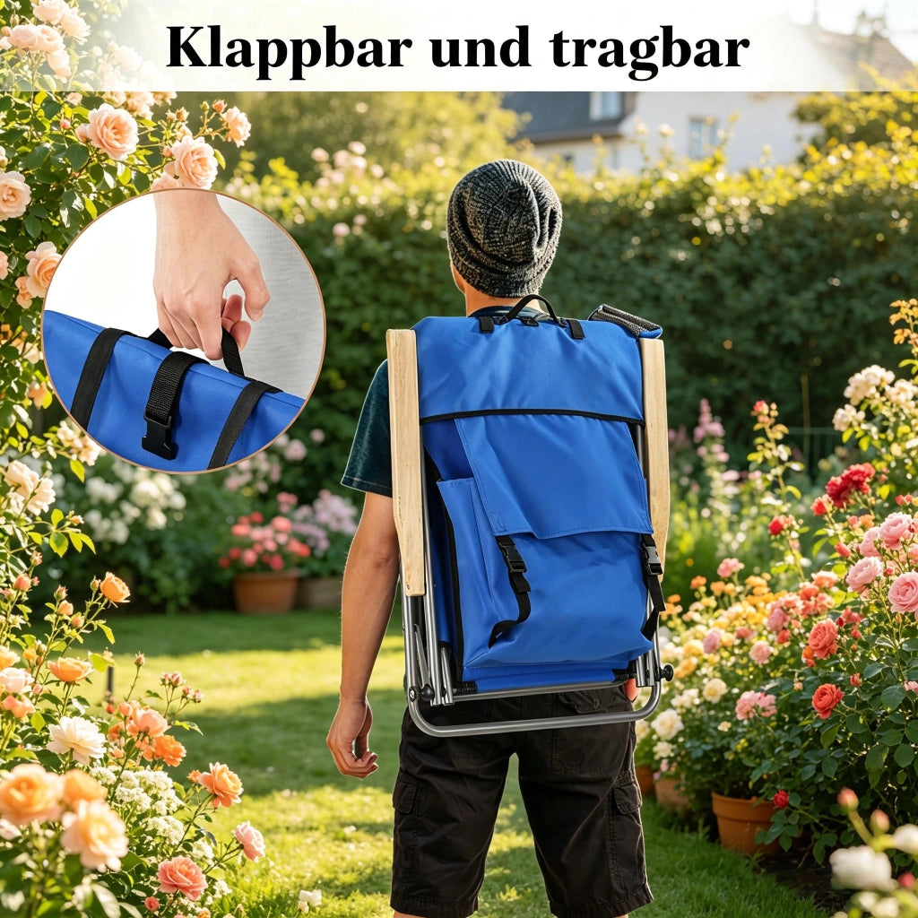 Sedia pieghevole da esterno blu con schienale reclinabile in 4 posizioni e design zaino