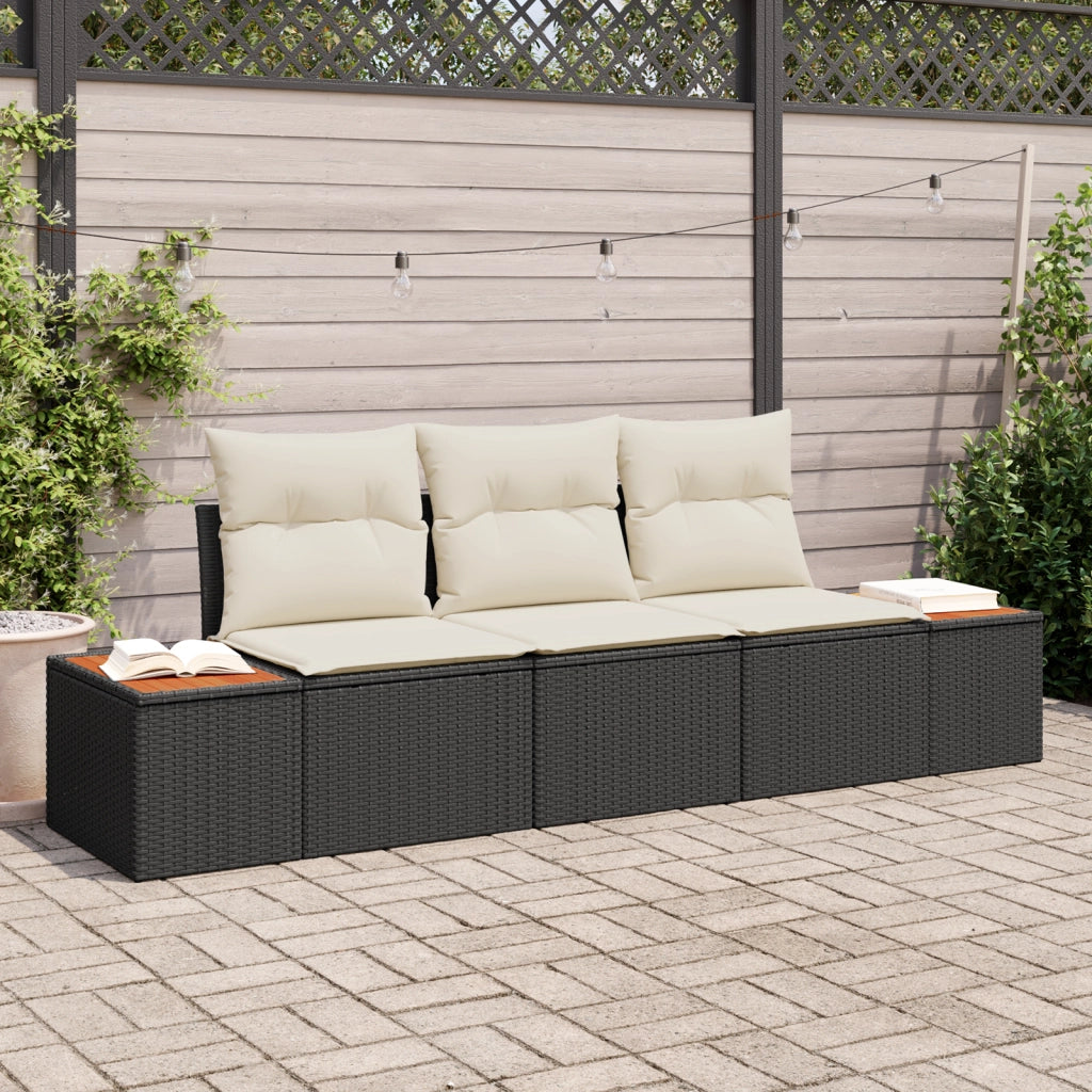 Set Divano da Giardino a 3 Pezzi con Cuscini Nero Polyrattan Acacia