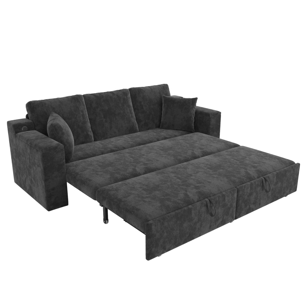 Divano letto 3 posti trasformabile in chenille grigio con struttura in metallo e porta USB