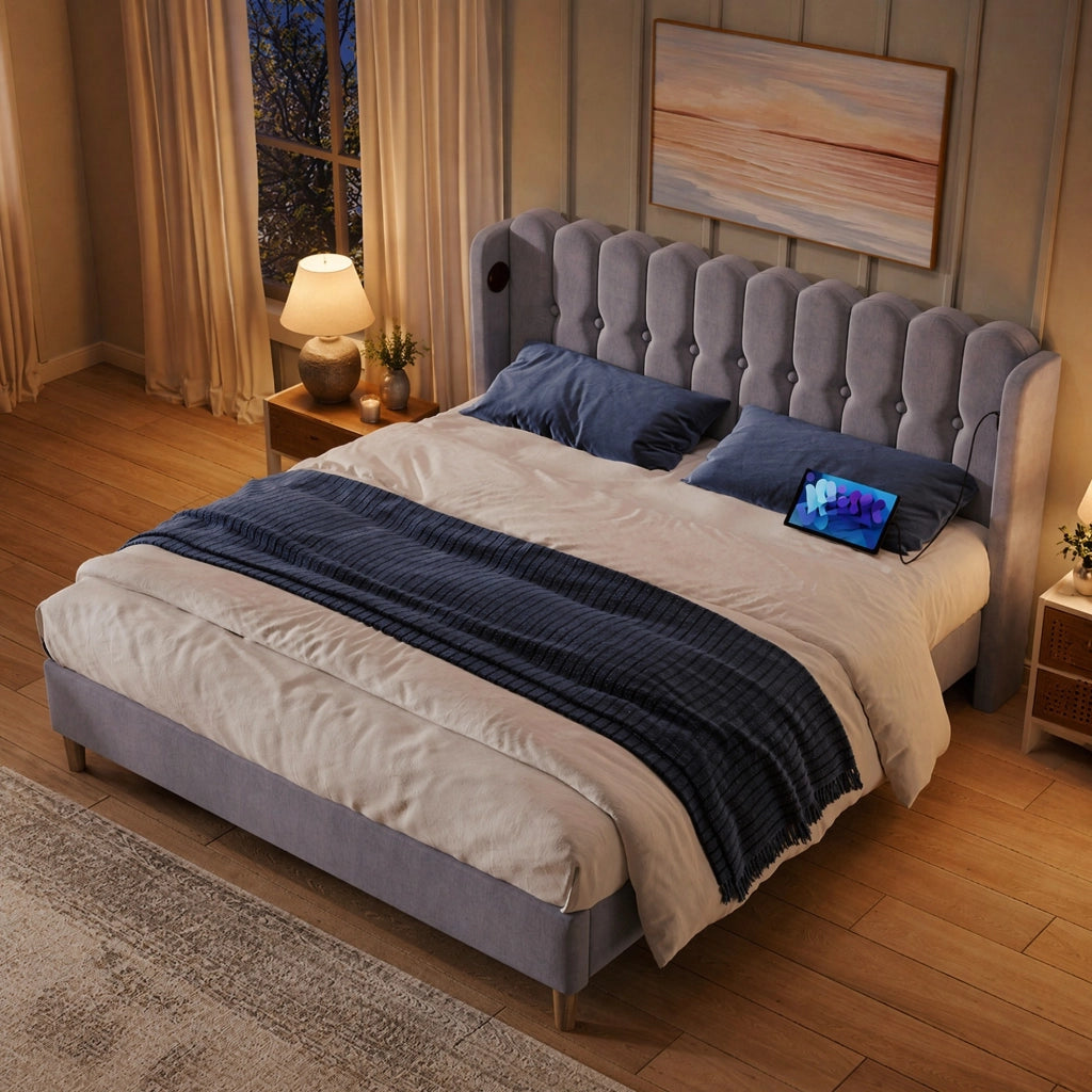 Letto imbottito matrimoniale 140x200 cm con ricarica USB e Tipo C, testiera in tessuto grigio, struttura con rete a doghe