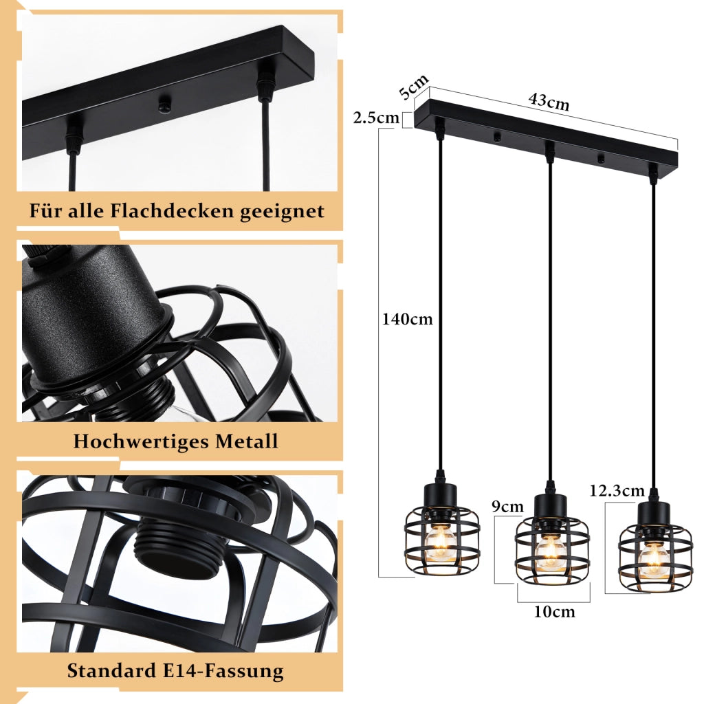 Lampada a sospensione ZMH vintage in metallo nera 3 luci E14 altezza regolabile senza lampadina
