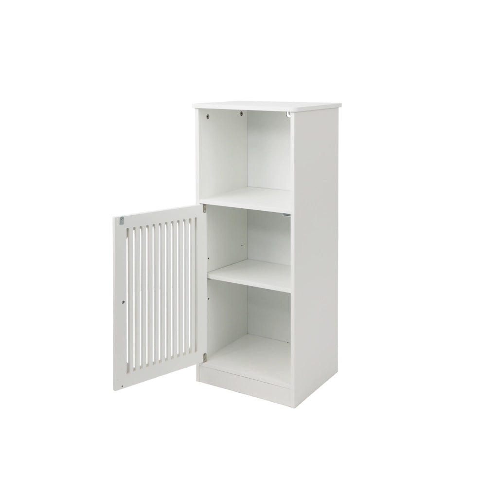 Mobile bagno basso bianco con ante a lamelle e vani portaoggetti