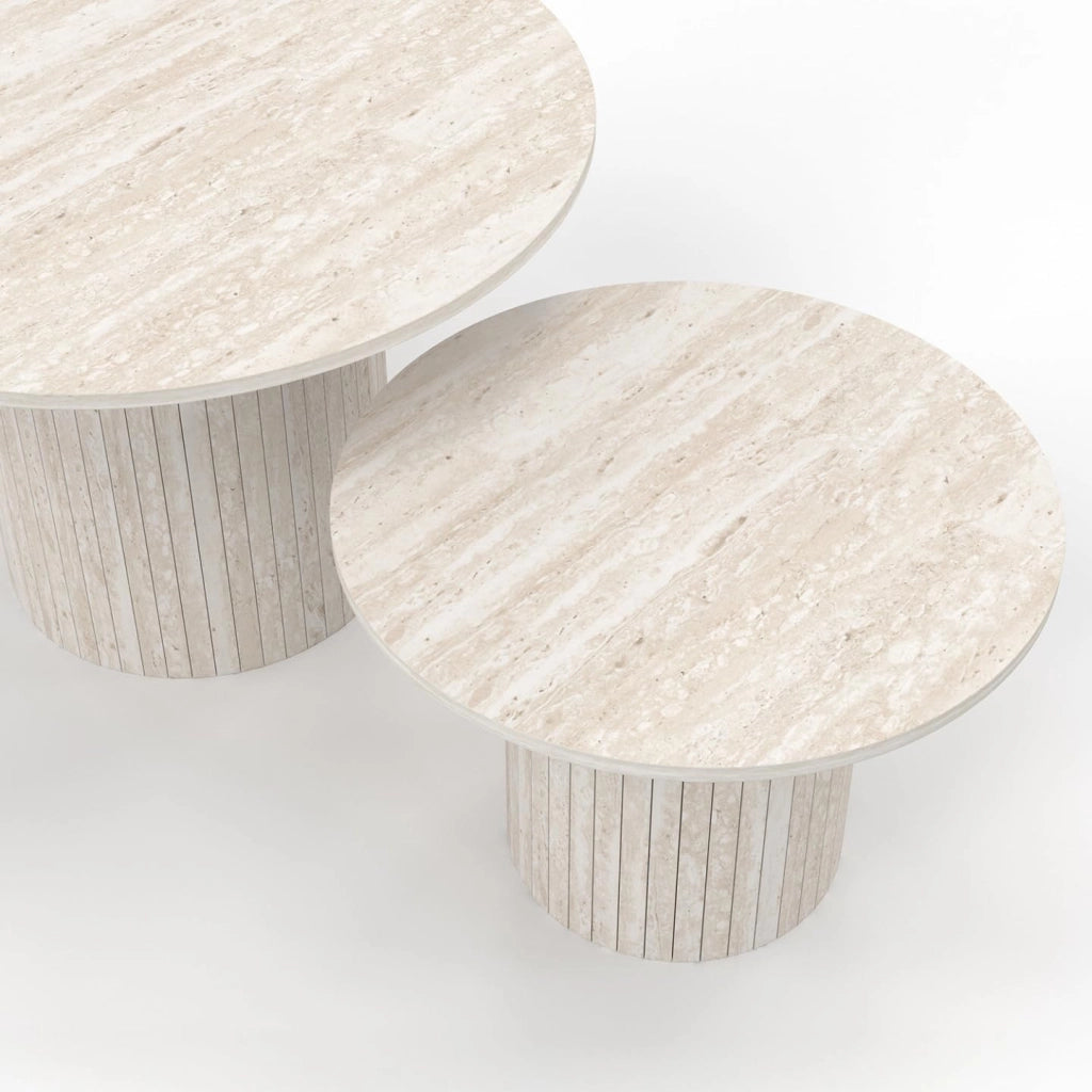Set di 2 tavolini estraibili Juliette tondi 50/70 effetto stecche travertino