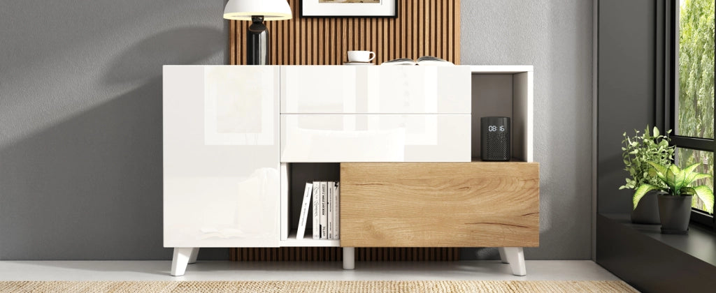 Credenza Moderna Bianco Lucido e Legno Madia 130 cm con 2 Cassetti e Ante Stile Scandinavo