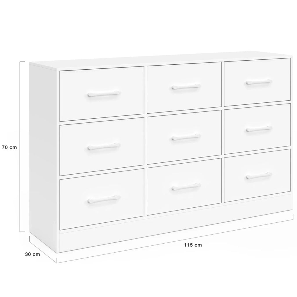 IDMarket - Cassettiera in tessuto a 9 cassetti UPPAH 113 cm mobile contenitore in legno bianco