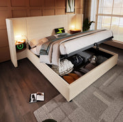 Letto matrimoniale 160x200 cm in tessuto corduroy beige con contenitore; lampada e USB-C