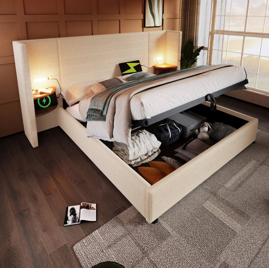 Letto matrimoniale 160x200 cm in tessuto corduroy beige con contenitore; lampada e USB-C