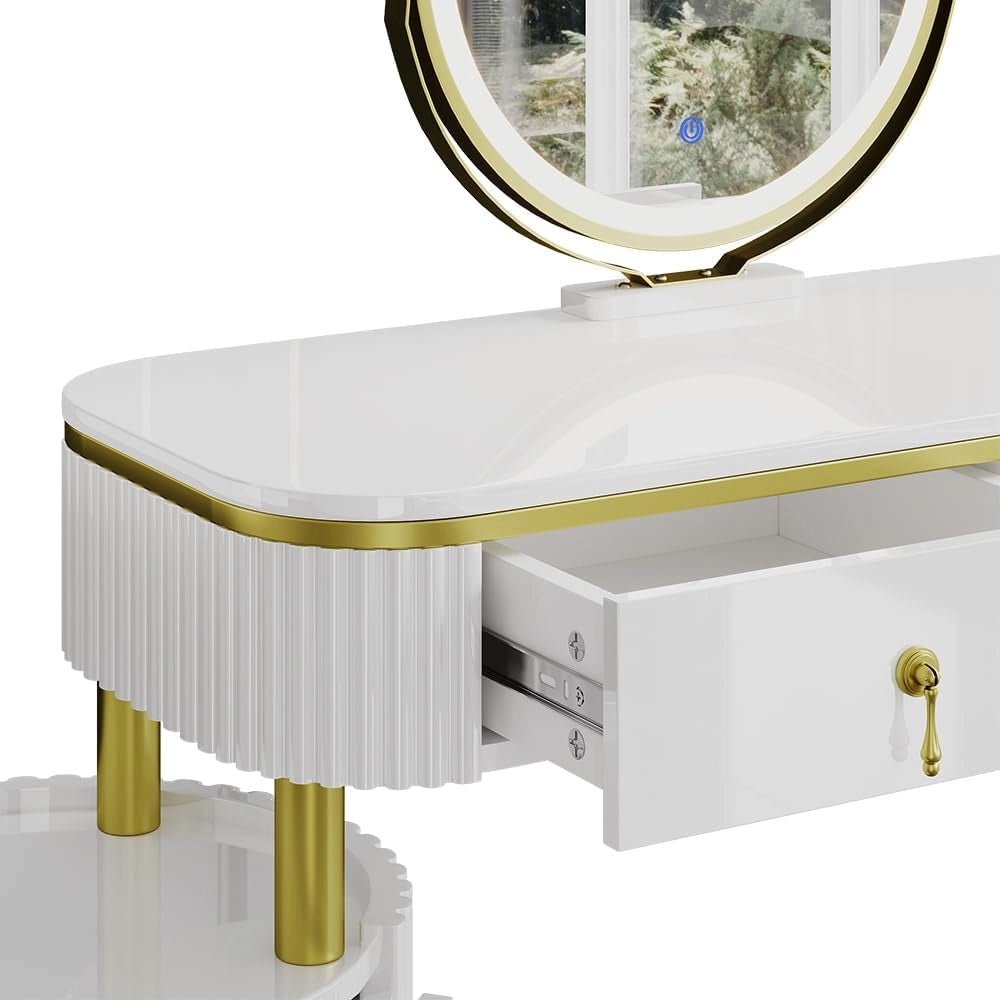 Tavolo da toeletta Charlène, Bianco, 100 cm con specchio a LED, con illuminazione LED e grande specchio per montaggio a parete