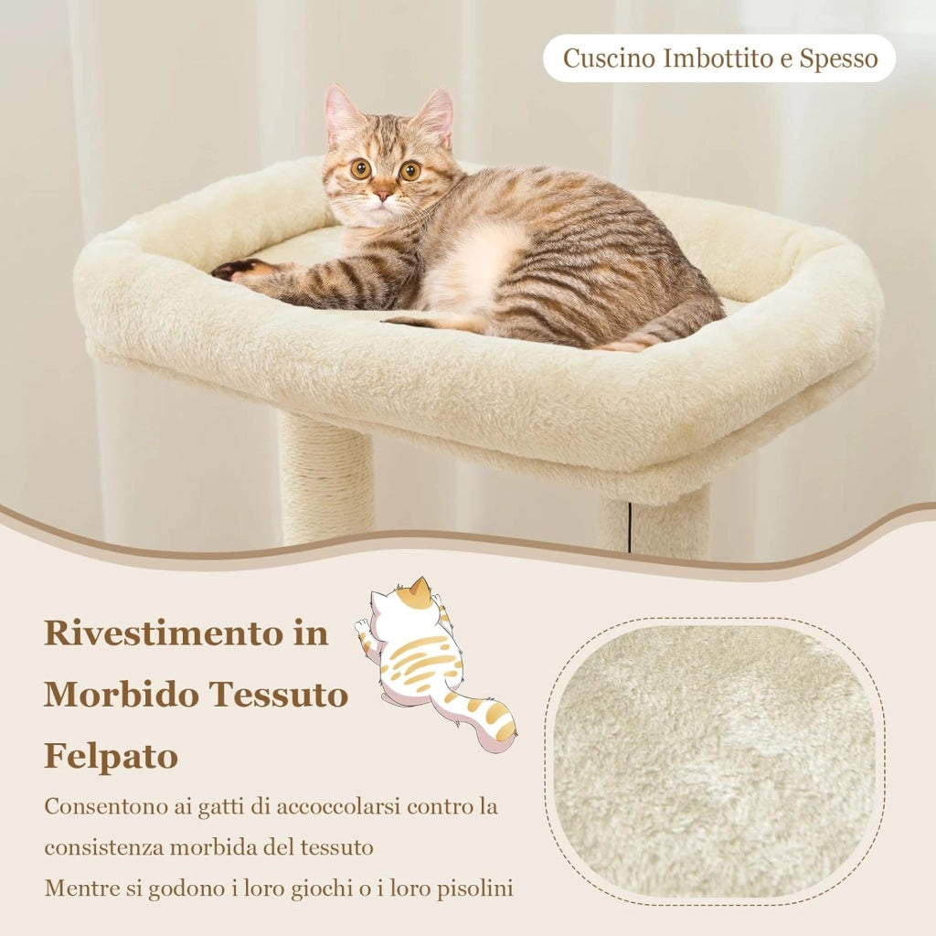 Albero per Gatti a 4 Piani, Torre con Tiragraffi, Nicchia per Gatti, Pallina di Peluche con Sonagli, Piattaforma per Saltare, Albero Tiragraffi per Animali Domestici (Beige)