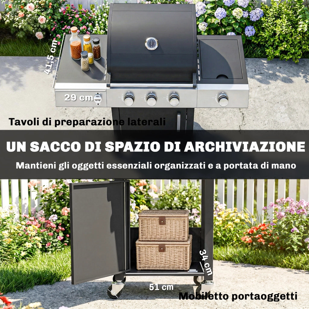 Barbecue a Gas con 3 Fuochi e Bruciatore Laterale, 109x50x109 cm, Nero