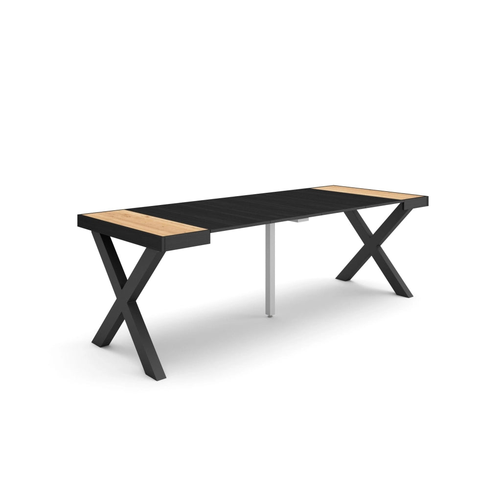 Consolle allungabile, 58 fino 222x90x73cm, Per 10 persone, Gambe in legno, colore Rovere e nero RF2791