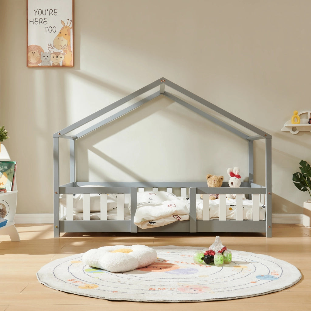 Letto per Cameretta Treviolo a Forma di Casetta in Stile Montessori 80x160 cm Grigio Chiaro/Bianco [en.casa]