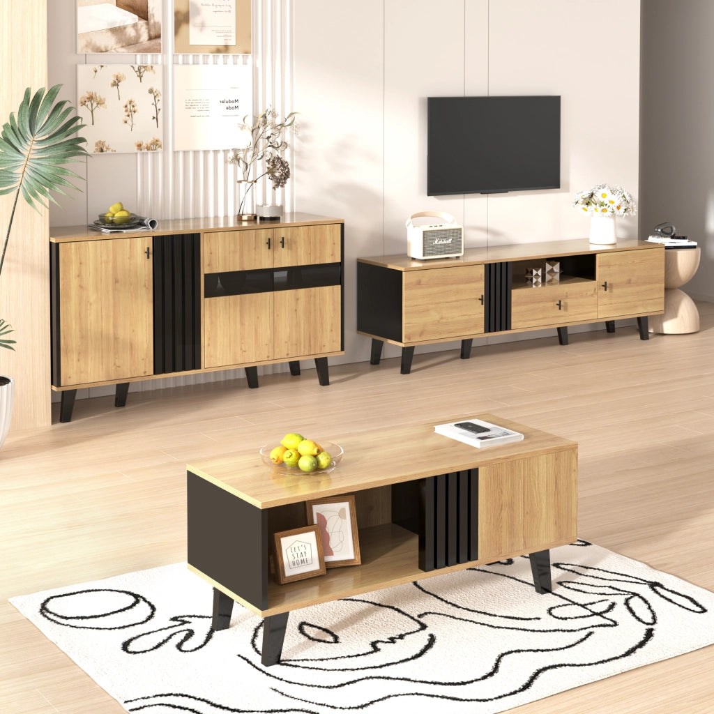 OKWISH Credenza Contenitore con 3 Ante, Ripiani Interni, Vetro e LED, per Soggiorno, Pannello di Particelle, Naturale