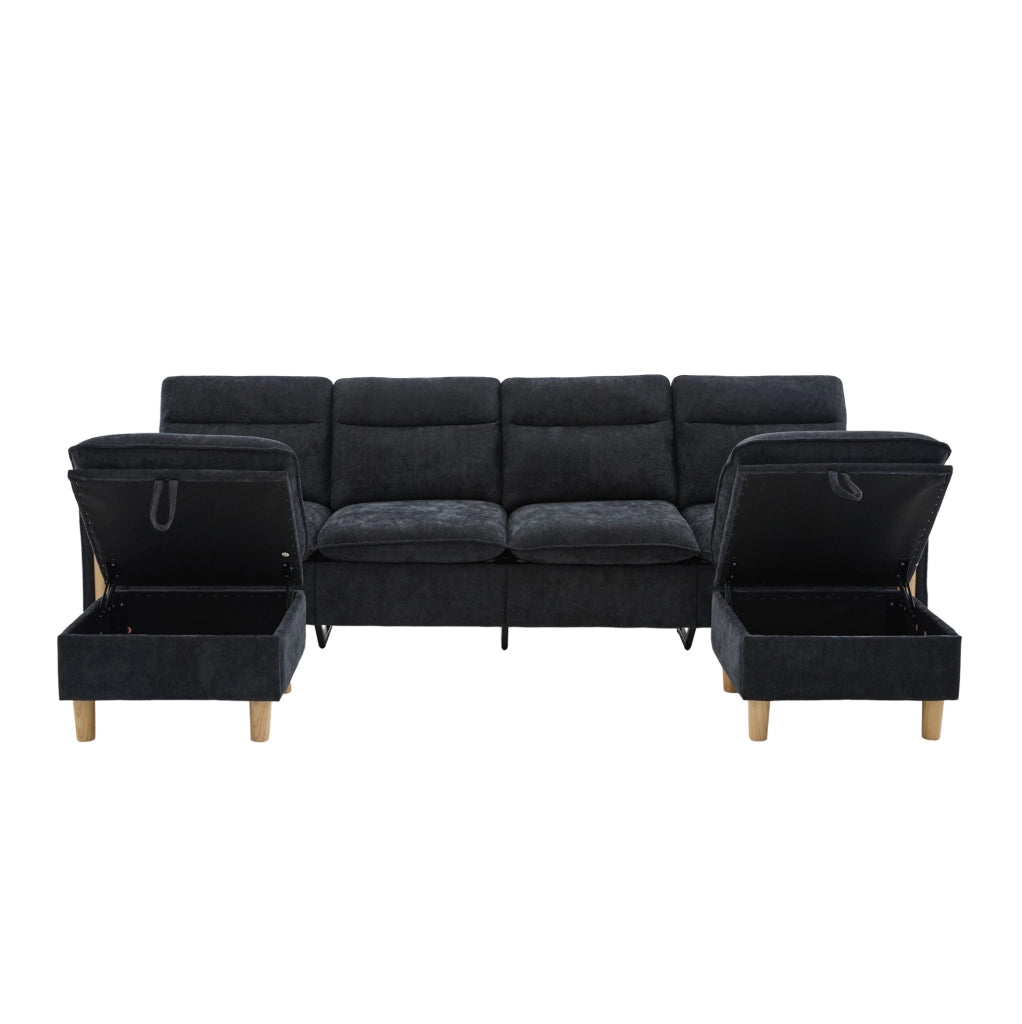 Divano modulare ad angolo a U 4 posti in tessuto Chenille nero con 2 pouf contenitori e gambe in legno
