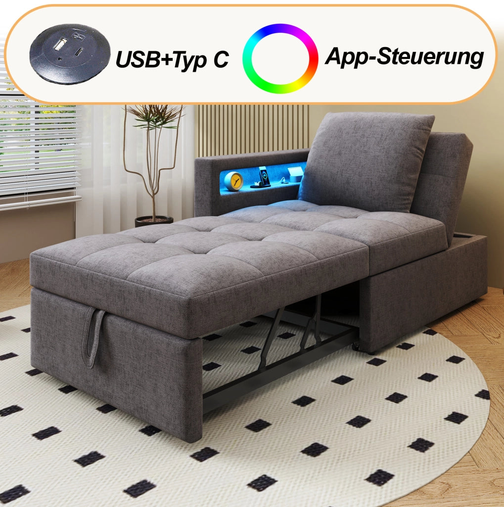 Divano letto 3 in 1 in lino grigio scuro con LED e USB
