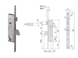 SERRATURA INFILARE PER MONTANTI CON CATENACCIO E SCROCCO 46215- - mm.30 (46215300) - 1 pezzi CISA
