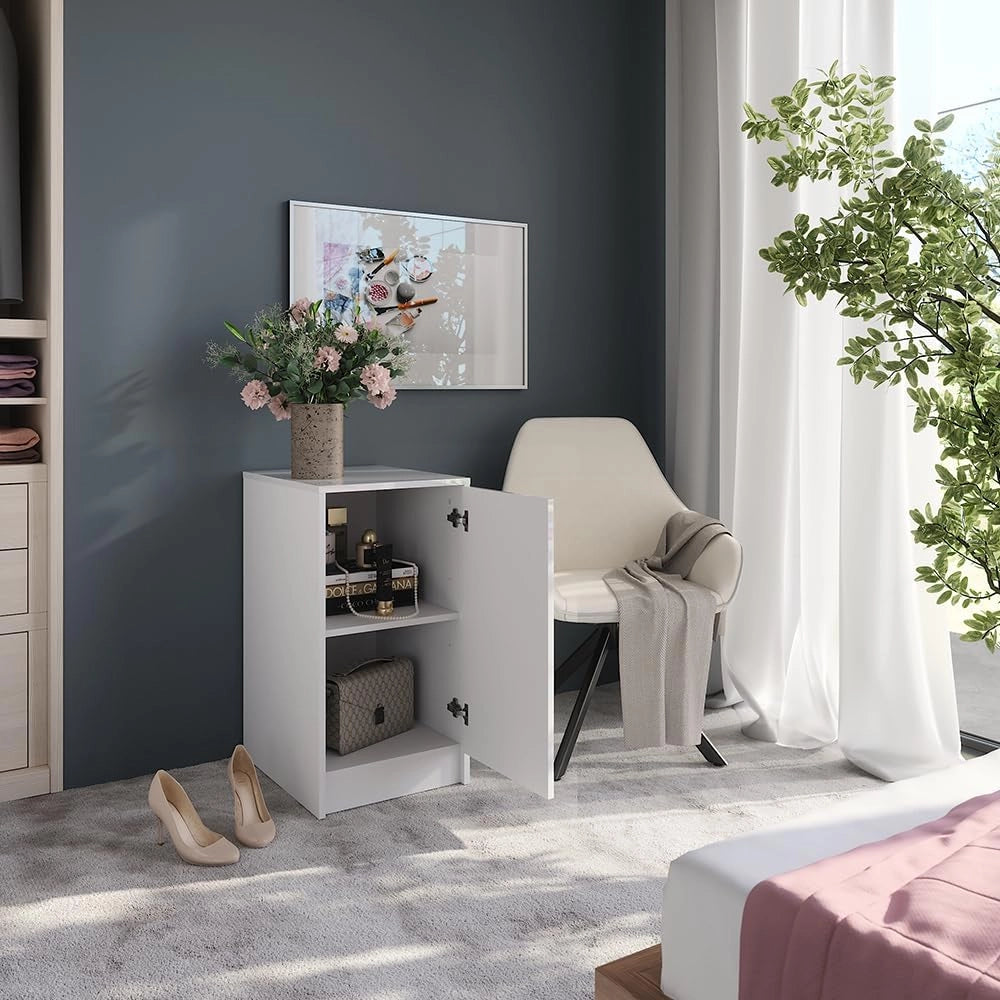 Credenza Sherry, Bianco/bianco lucido, 40.2 x 76 cm con coperchio del contenitore, adatto per la conservazione in soggiorno o in camera da letto