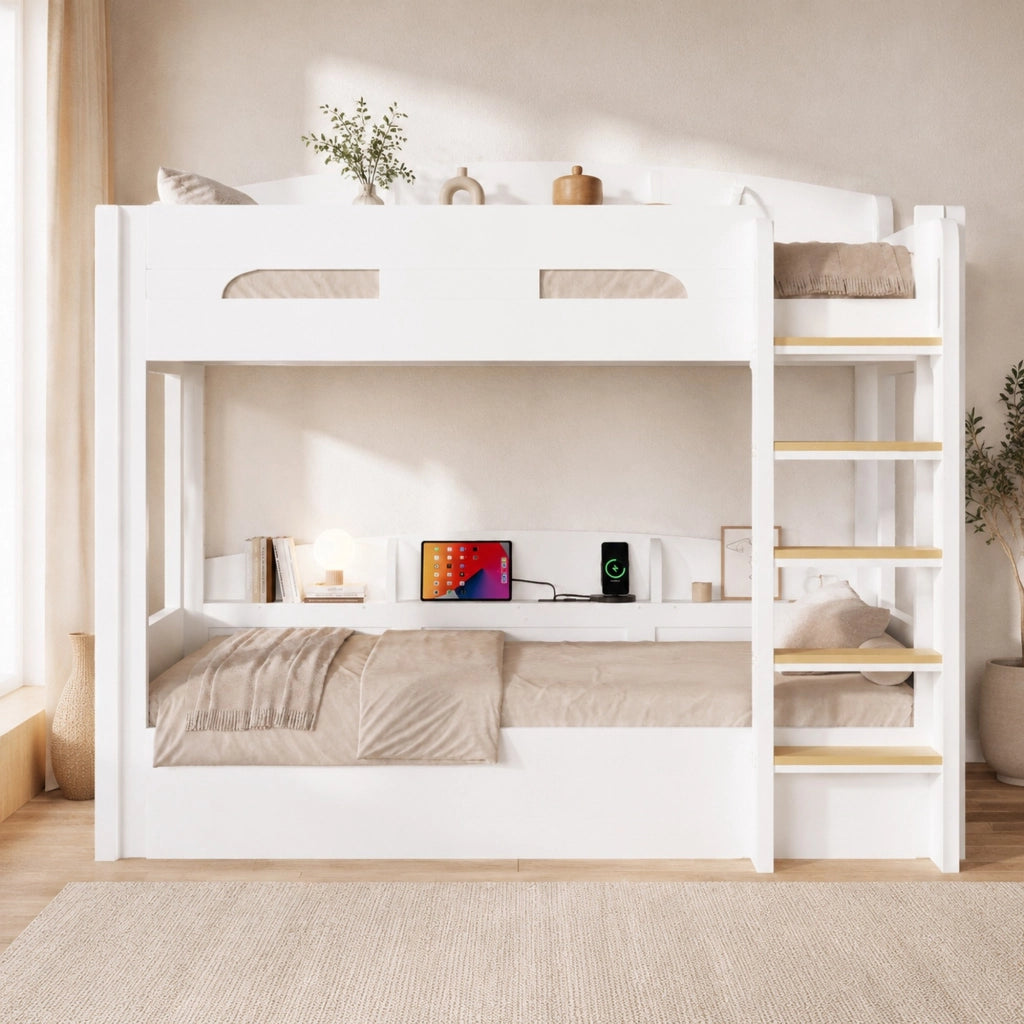 Letto a soppalco 90x200 cm con presa USB e ripiani laterali
