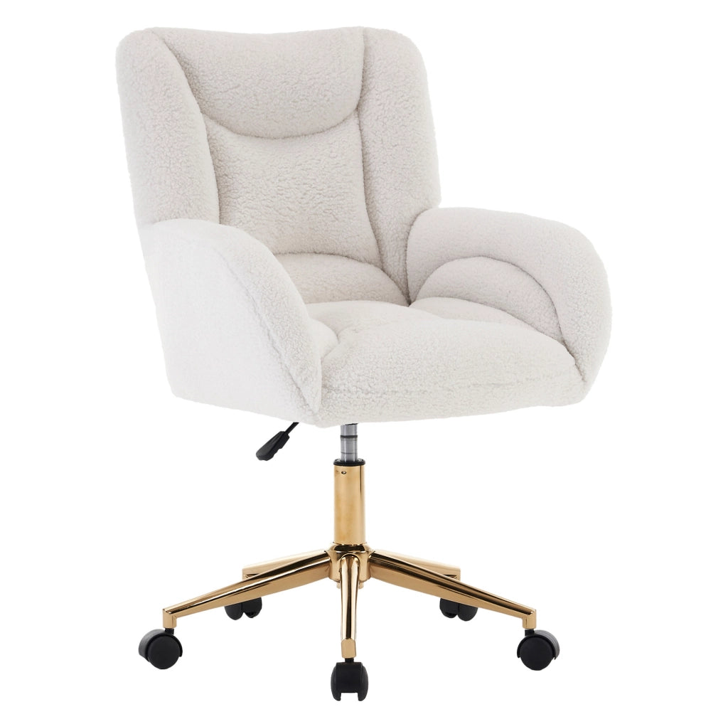 Sedia da ufficio regolabile in altezza in tessuto Teddy bianco con base dorata