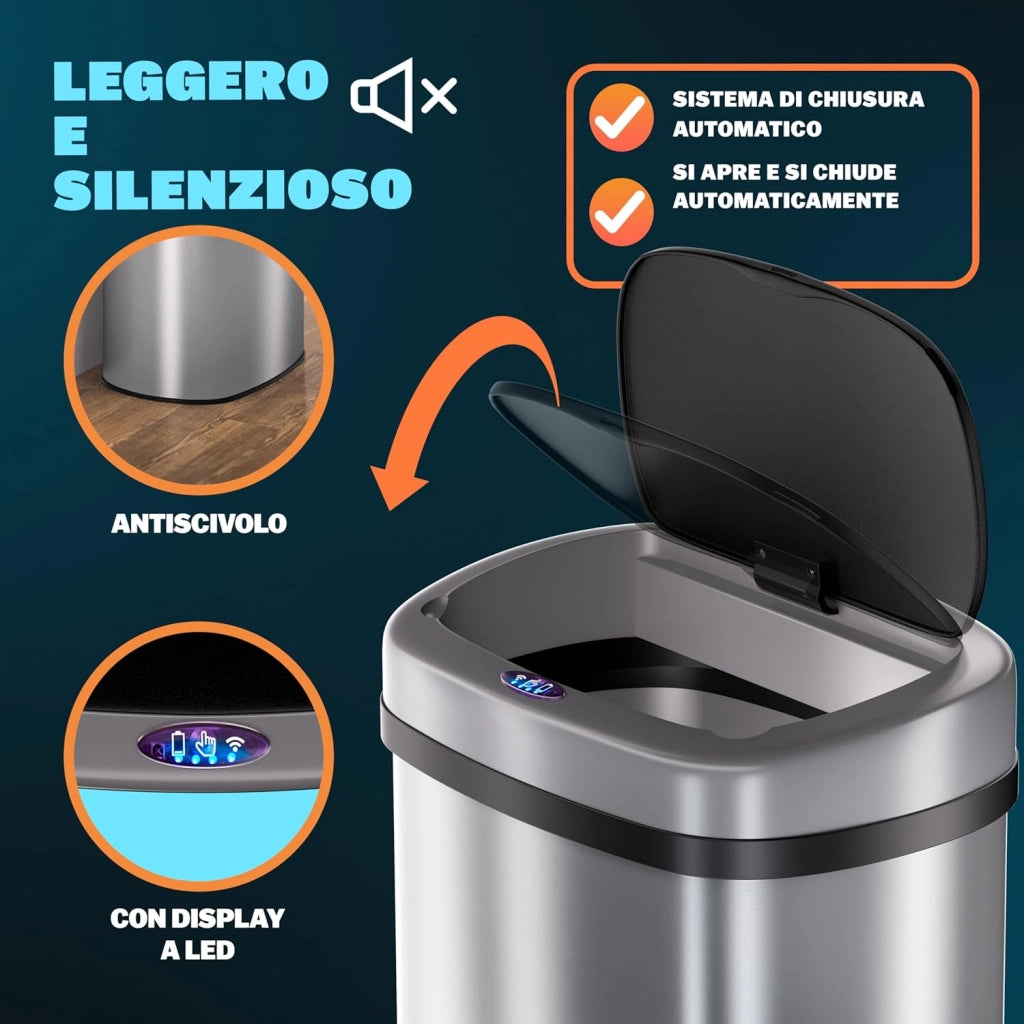 ® Cestino 58L con Sensore Automatico Movimento Display LED Pattumiera Rifiuti Smart Bidone Intelligente Cavo USB