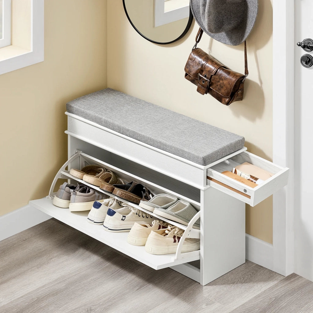 SoBuy FSR82-L-WG Scarpiera Salvaspazio Slim con Seduta Panca Scarpiera da Ingresso Contenitore in Legno Mobile Scarpiera Ingresso per Scarpe, 75x24x51cm Effetto Legno Invecchiato Bianco