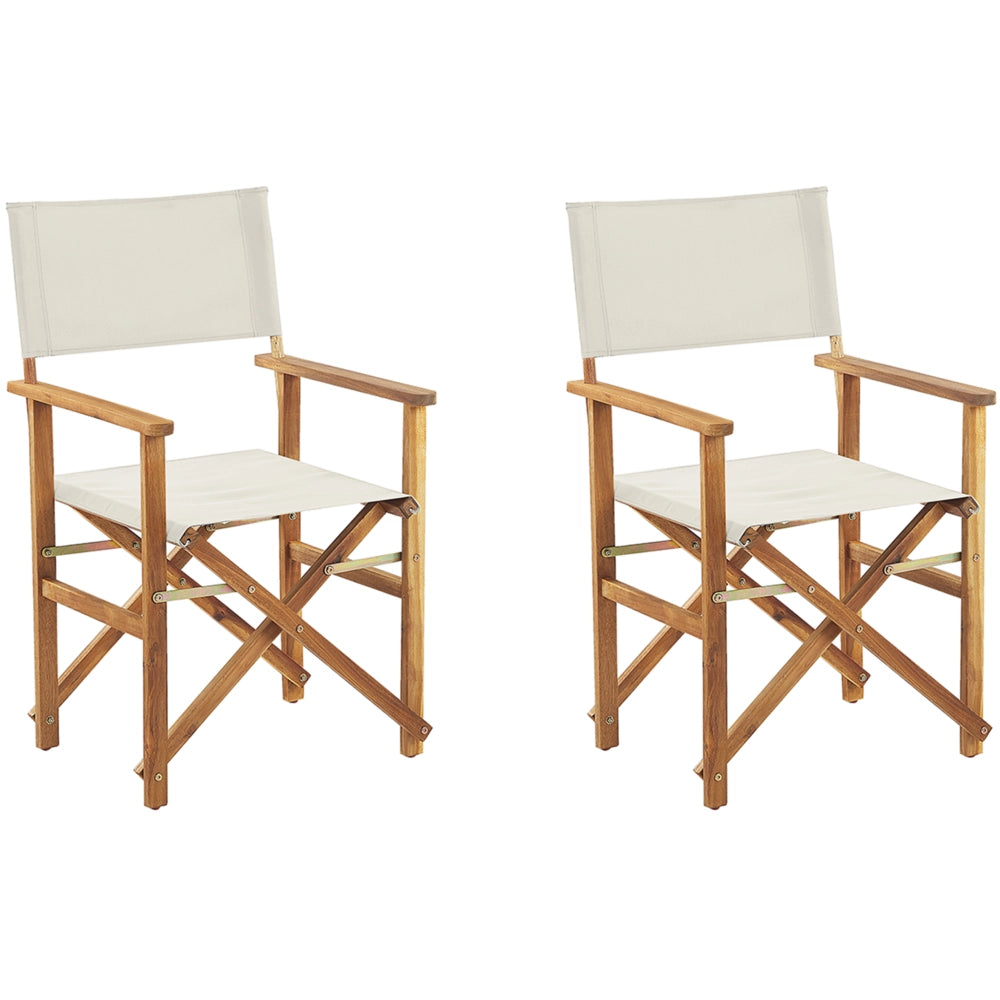 Set di 2 Sedie da Regista in Legno Chiaro di Acacia e Bianco Sporco Pieghevoli