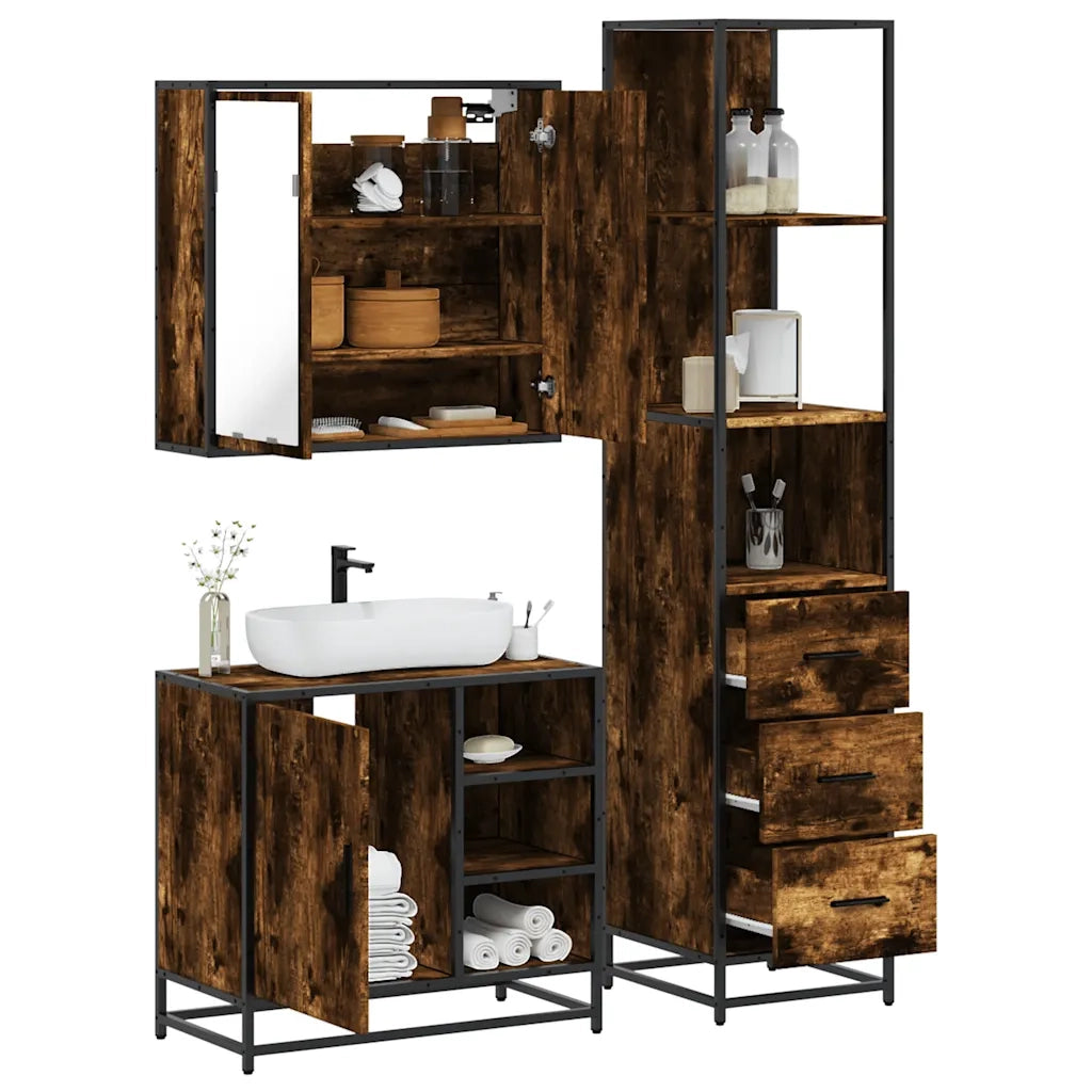 Set Mobili da Bagno 3 pz Rovere Fumo in Legno Multistrato 3301147