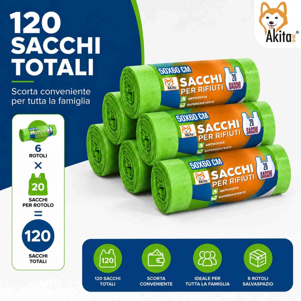 Akitaink 120 Sacchi Spazzatura 50x60 Verdi con Legacci
