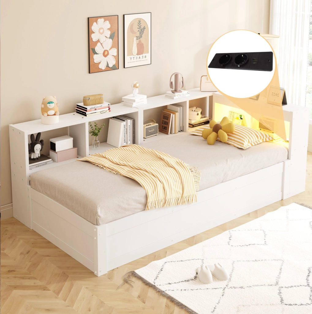 Letto singolo multifunzione 90x200 cm con LED e vano contenitore