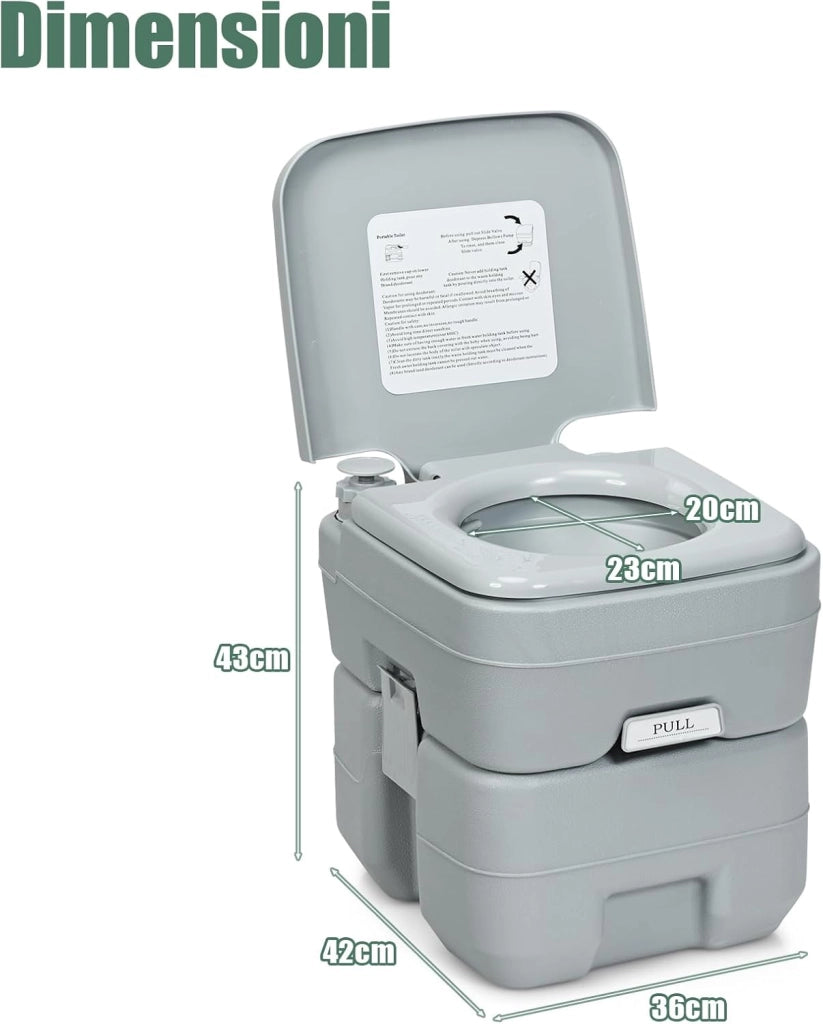 WC Portatile 20L, Bagno Chimico con 2 Serbatoi Rimovibili, Coperchio Anti-Odore, Maniglia, Carico Massimo 150 KG, Toilette Portatile per Campeggio, Viaggi, Auto, 36 X 42 X 43 CM (Grigio)