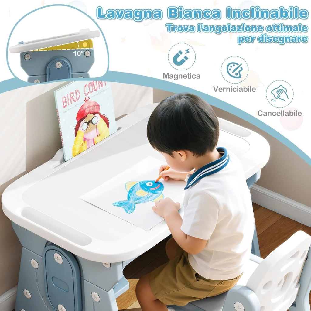 Set Tavolo e Sedia per Bambini 3+ Anni, Tavolo Regolabile in Altezza con Lavagna Inclinabile, Sedia Ergonomica, Supporto per Libri e Ripiano Concavo, per Disegnare e Leggere (Blu)